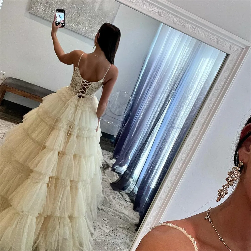 JazzHer Luxury Beige Prom Dresses Spaghetti Strap Evening Dress Elegant Sleeveless Lace-up Tulle Party vestidos de fiesta 2024-(PRE-ORDER)