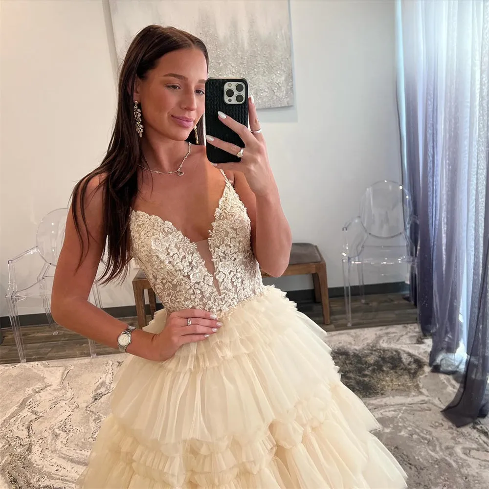 JazzHer Luxury Beige Prom Dresses Spaghetti Strap Evening Dress Elegant Sleeveless Lace-up Tulle Party vestidos de fiesta 2024-(PRE-ORDER)