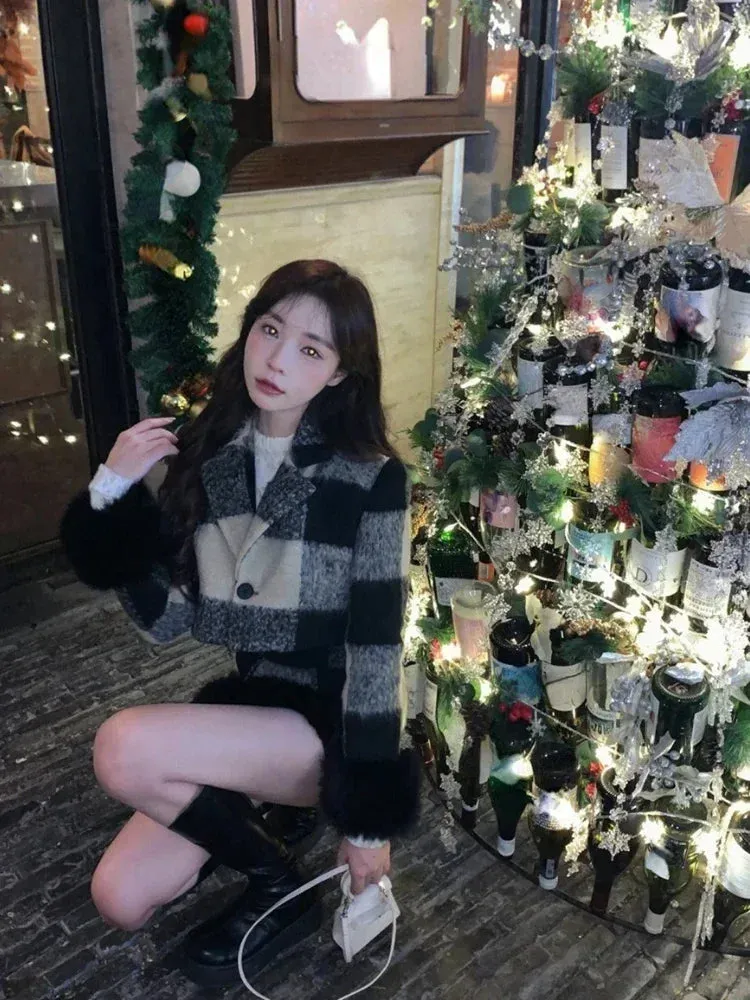 JazzHer Plaid Knitted Suit Woman Korean 2 Piece Dress Set 2025 Winter Vintage Fashion Tops Cardigan   Slim Bodycon Y2k Mini Skirt Chic