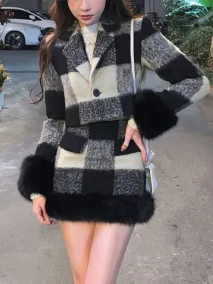JazzHer Plaid Knitted Suit Woman Korean 2 Piece Dress Set 2025 Winter Vintage Fashion Tops Cardigan   Slim Bodycon Y2k Mini Skirt Chic