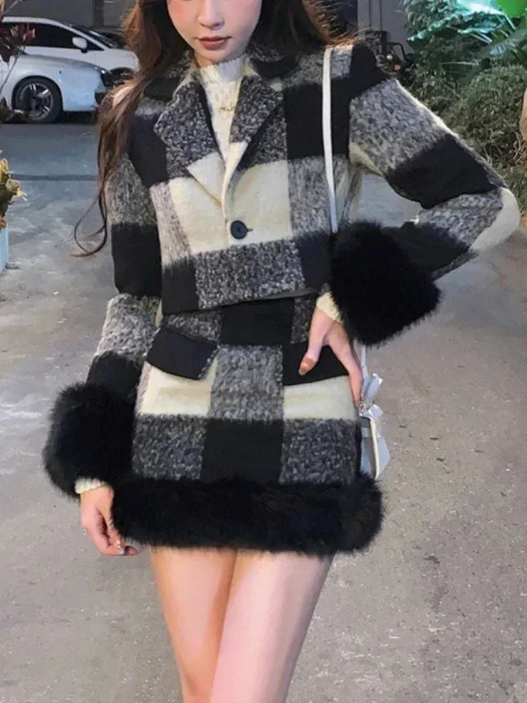 JazzHer Plaid Knitted Suit Woman Korean 2 Piece Dress Set 2025 Winter Vintage Fashion Tops Cardigan   Slim Bodycon Y2k Mini Skirt Chic