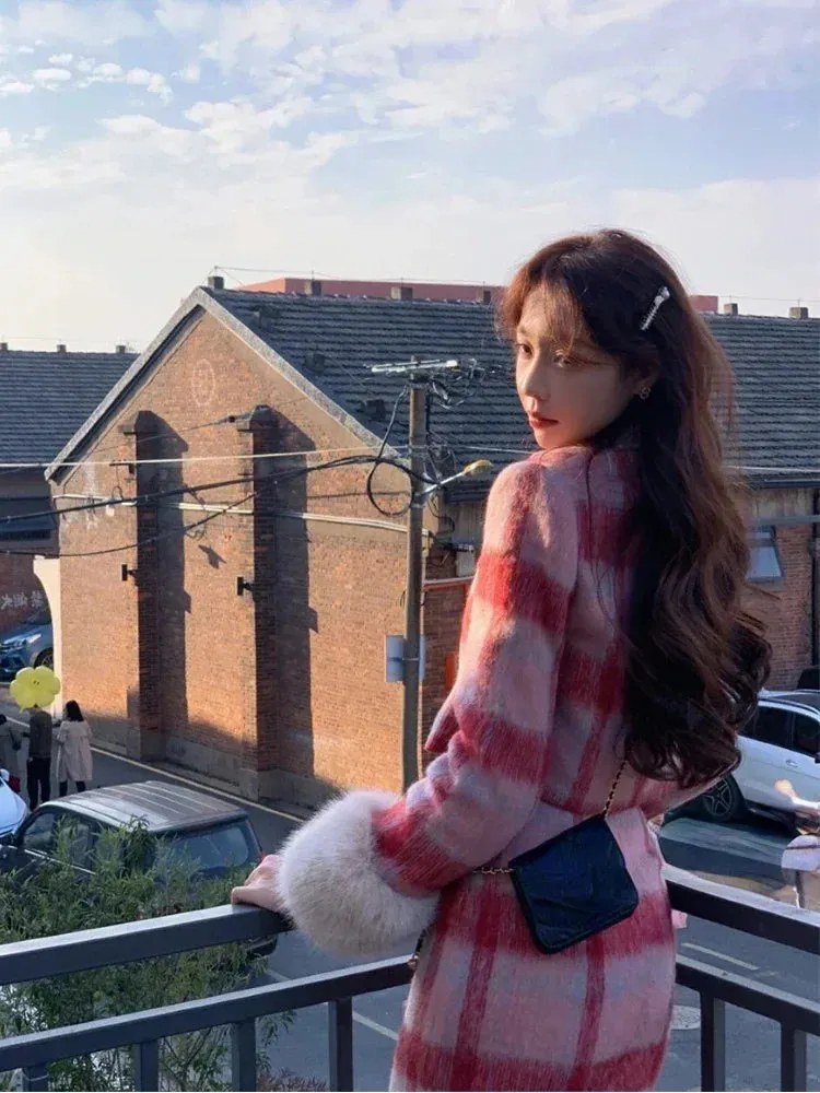 JazzHer Plaid Knitted Suit Woman Korean 2 Piece Dress Set 2025 Winter Vintage Fashion Tops Cardigan   Slim Bodycon Y2k Mini Skirt Chic