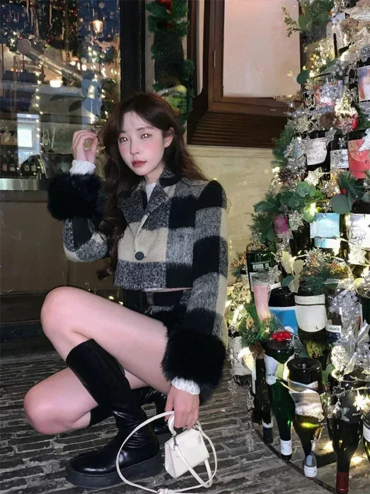 JazzHer Plaid Knitted Suit Woman Korean 2 Piece Dress Set 2025 Winter Vintage Fashion Tops Cardigan   Slim Bodycon Y2k Mini Skirt Chic