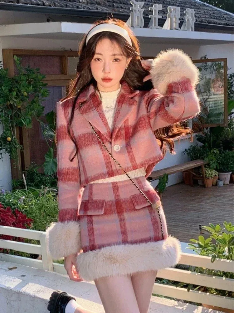 JazzHer Plaid Knitted Suit Woman Korean 2 Piece Dress Set 2025 Winter Vintage Fashion Tops Cardigan   Slim Bodycon Y2k Mini Skirt Chic