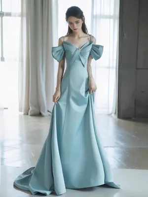 JazzHer Pretty A Line Spaghetti Straps Light Sky Blue Satin Long Prom Dress Evening Dresses (PRE-ORDER)