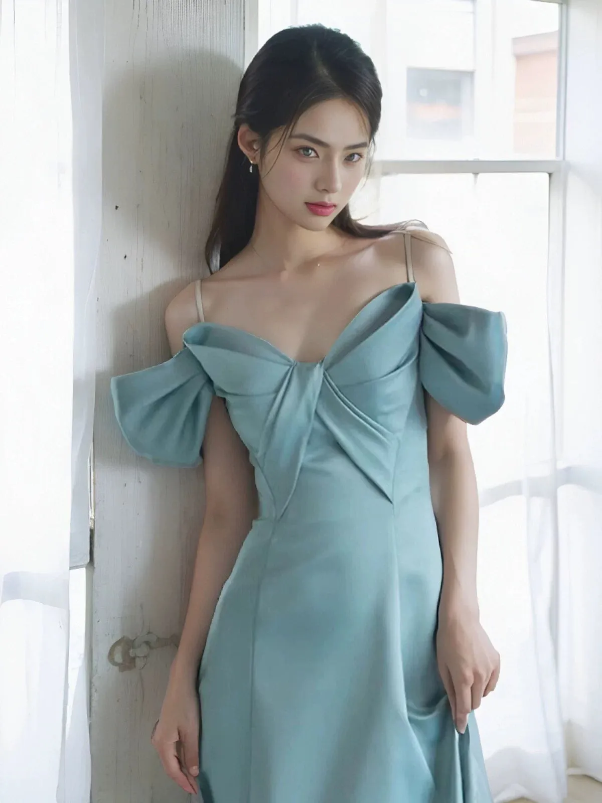 JazzHer Pretty A Line Spaghetti Straps Light Sky Blue Satin Long Prom Dress Evening Dresses (PRE-ORDER)