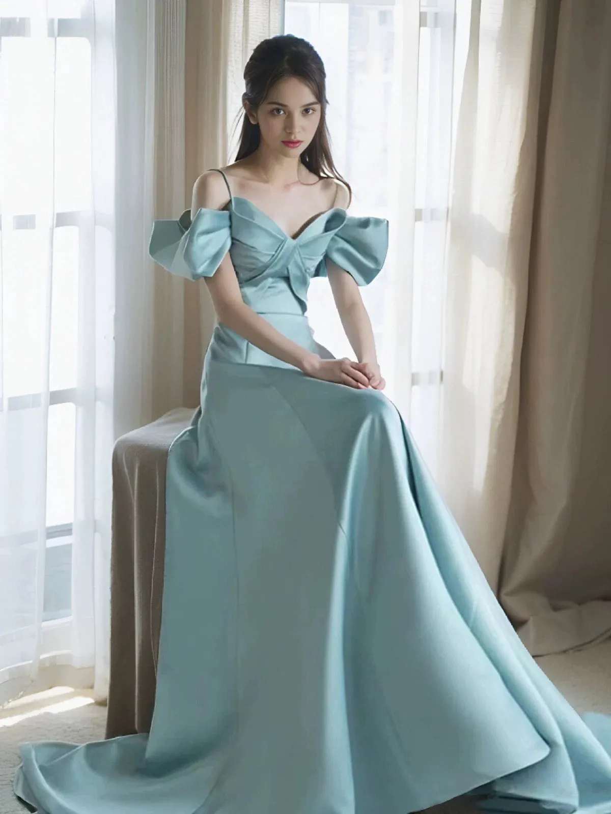 JazzHer Pretty A Line Spaghetti Straps Light Sky Blue Satin Long Prom Dress Evening Dresses (PRE-ORDER)