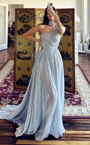 JazzHer Sexy A Line One Shoulder Light Sky Blue Chiffon Long Evening Dress Prom Dresses Birthday Outfits BD  (PRE-ORDER)