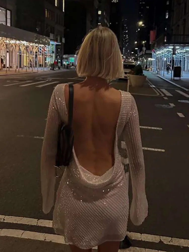 JazzHer Sexy Sequins Backless Mini Dress Women O-neck Long Flare Sleeve Female Party Dresses 2025 Spring Lady Sparkle Night Club Vestido