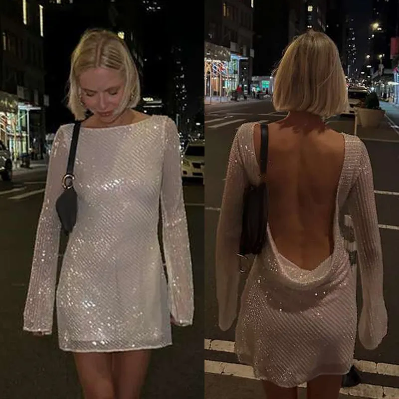 JazzHer Sexy Sequins Backless Mini Dress Women O-neck Long Flare Sleeve Female Party Dresses 2025 Spring Lady Sparkle Night Club Vestido