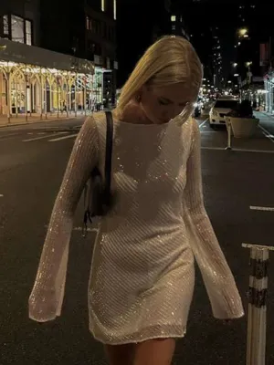 JazzHer Sexy Sequins Backless Mini Dress Women O-neck Long Flare Sleeve Female Party Dresses 2025 Spring Lady Sparkle Night Club Vestido