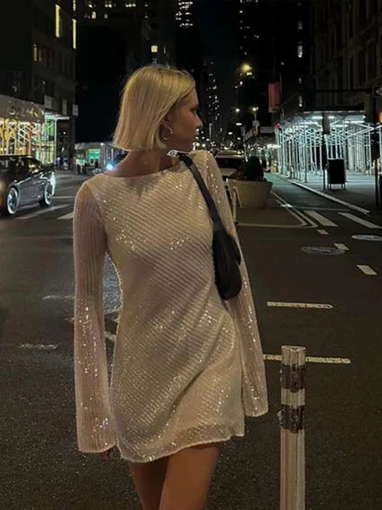 JazzHer Sexy Sequins Backless Mini Dress Women O-neck Long Flare Sleeve Female Party Dresses 2025 Spring Lady Sparkle Night Club Vestido