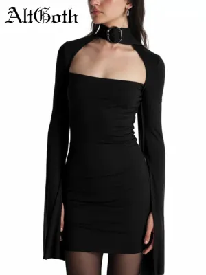 JazzHer Streetwear Sexy Gothic Dress Women Harajuku Cyber Punk Y2k Metal Buckle Hollow Out Halter Long Sleeve Bodycon Dresses