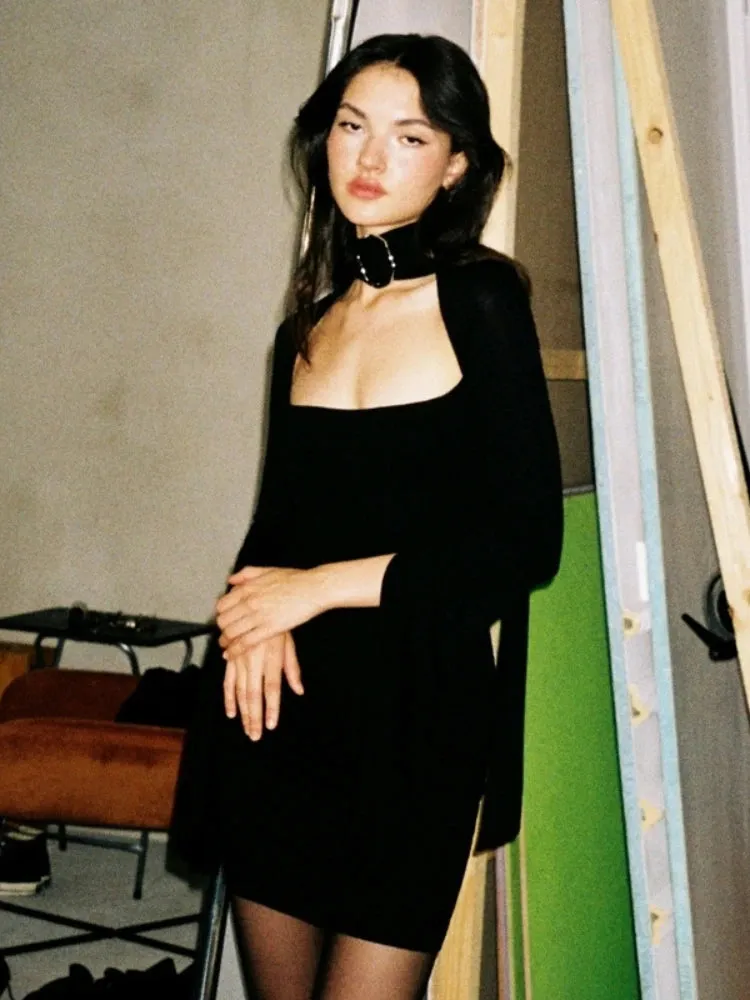 JazzHer Streetwear Sexy Gothic Dress Women Harajuku Cyber Punk Y2k Metal Buckle Hollow Out Halter Long Sleeve Bodycon Dresses