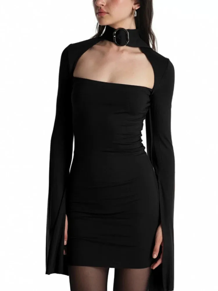 JazzHer Streetwear Sexy Gothic Dress Women Harajuku Cyber Punk Y2k Metal Buckle Hollow Out Halter Long Sleeve Bodycon Dresses