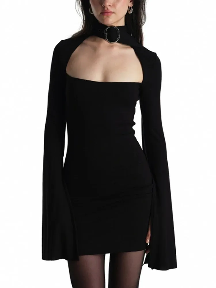 JazzHer Streetwear Sexy Gothic Dress Women Harajuku Cyber Punk Y2k Metal Buckle Hollow Out Halter Long Sleeve Bodycon Dresses