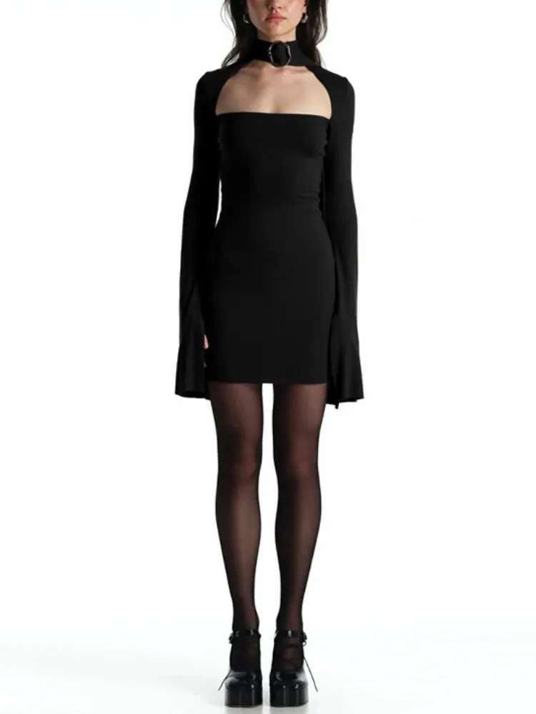 JazzHer Streetwear Sexy Gothic Dress Women Harajuku Cyber Punk Y2k Metal Buckle Hollow Out Halter Long Sleeve Bodycon Dresses