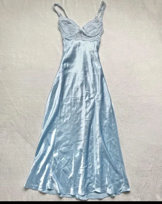 JazzHer Vintage A line Spaghetti Straps Light Sky Blue Lace Long Prom Dresses Evening Dress (PRE-ORDER)