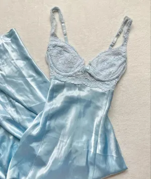 JazzHer Vintage A line Spaghetti Straps Light Sky Blue Lace Long Prom Dresses Evening Dress (PRE-ORDER)
