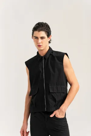 Jet Black Sleeveless Canvas Jacket