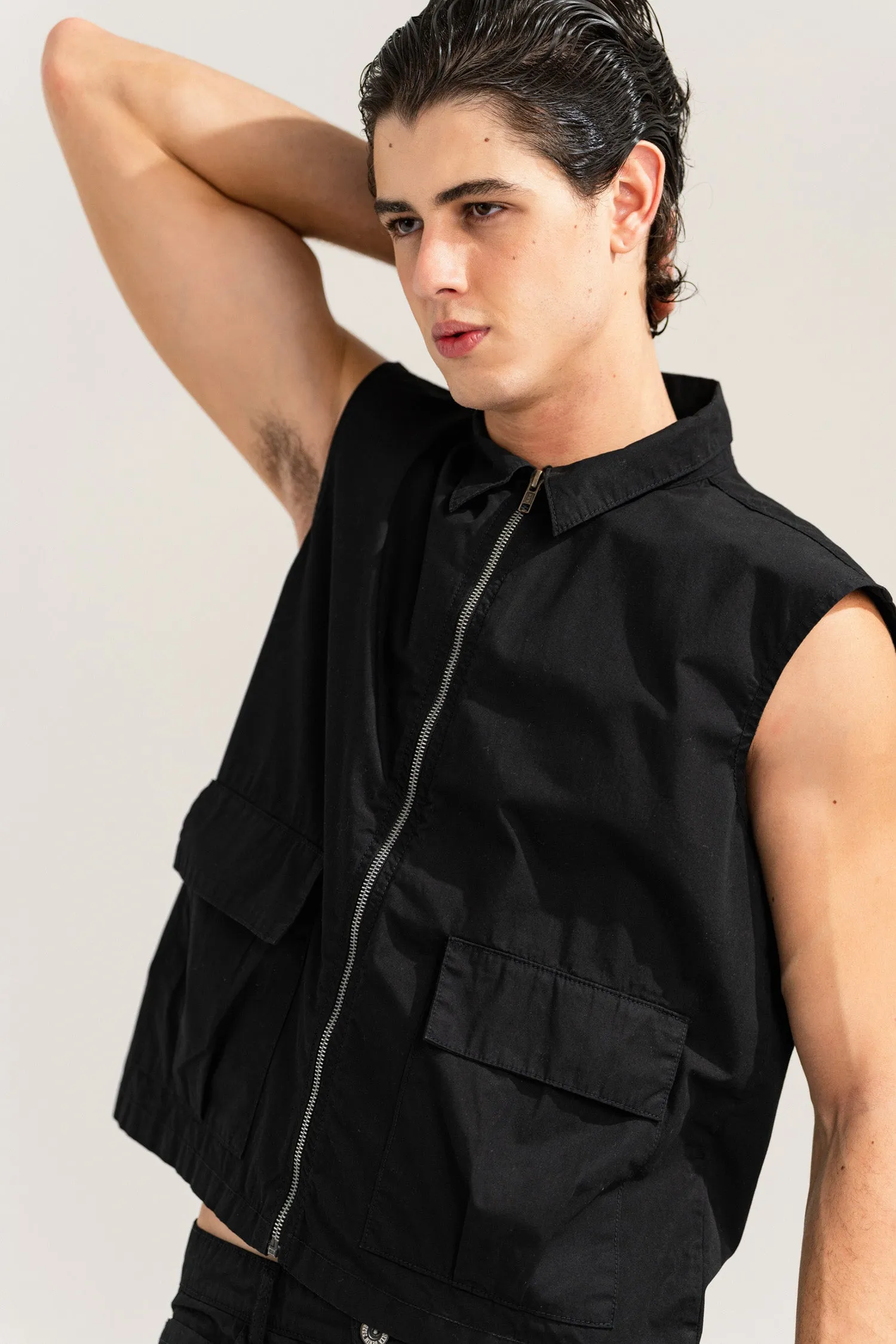 Jet Black Sleeveless Canvas Jacket