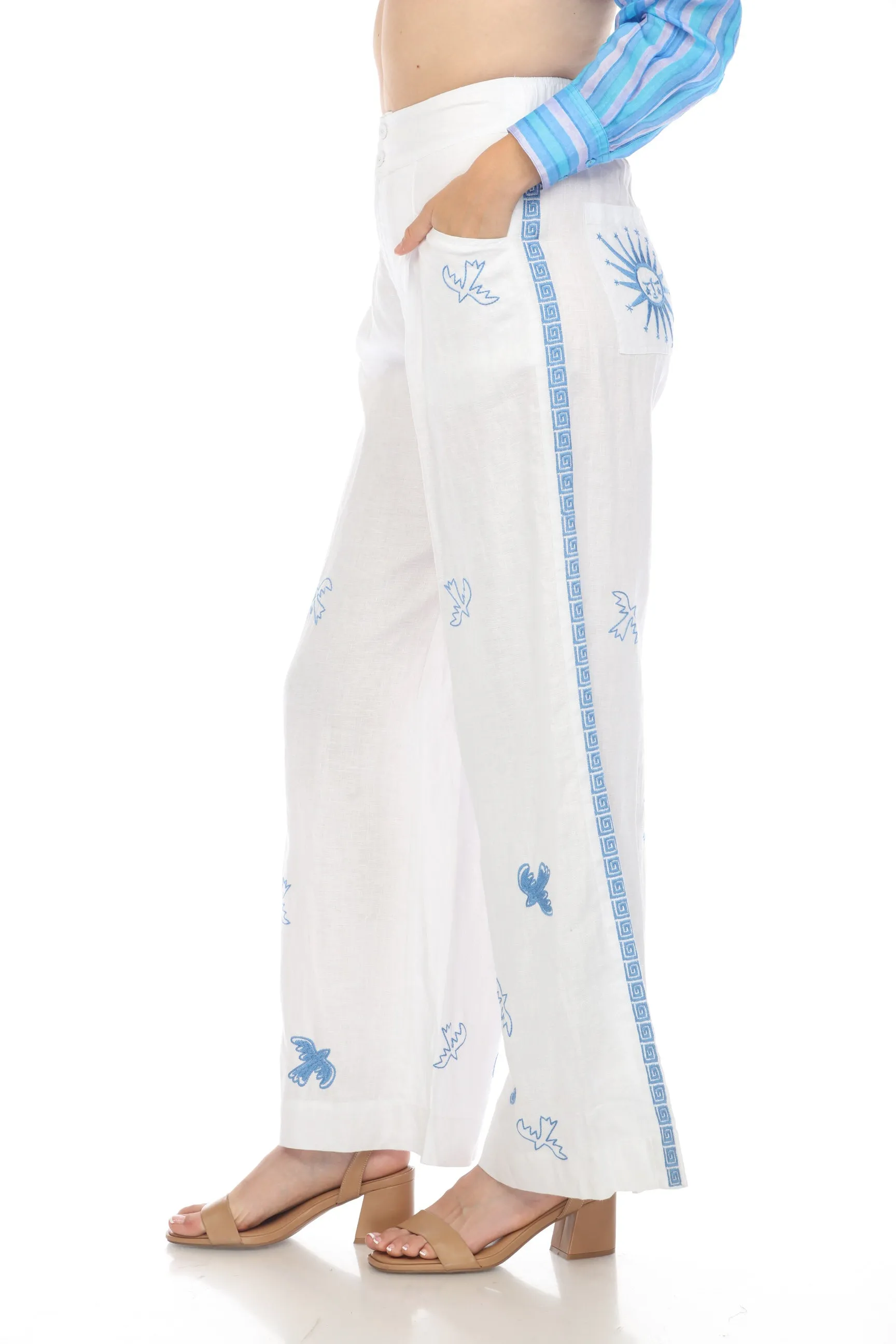 Johnny Was JWLA Linen Embroidered Palazzo Pants Boho Chic J69324