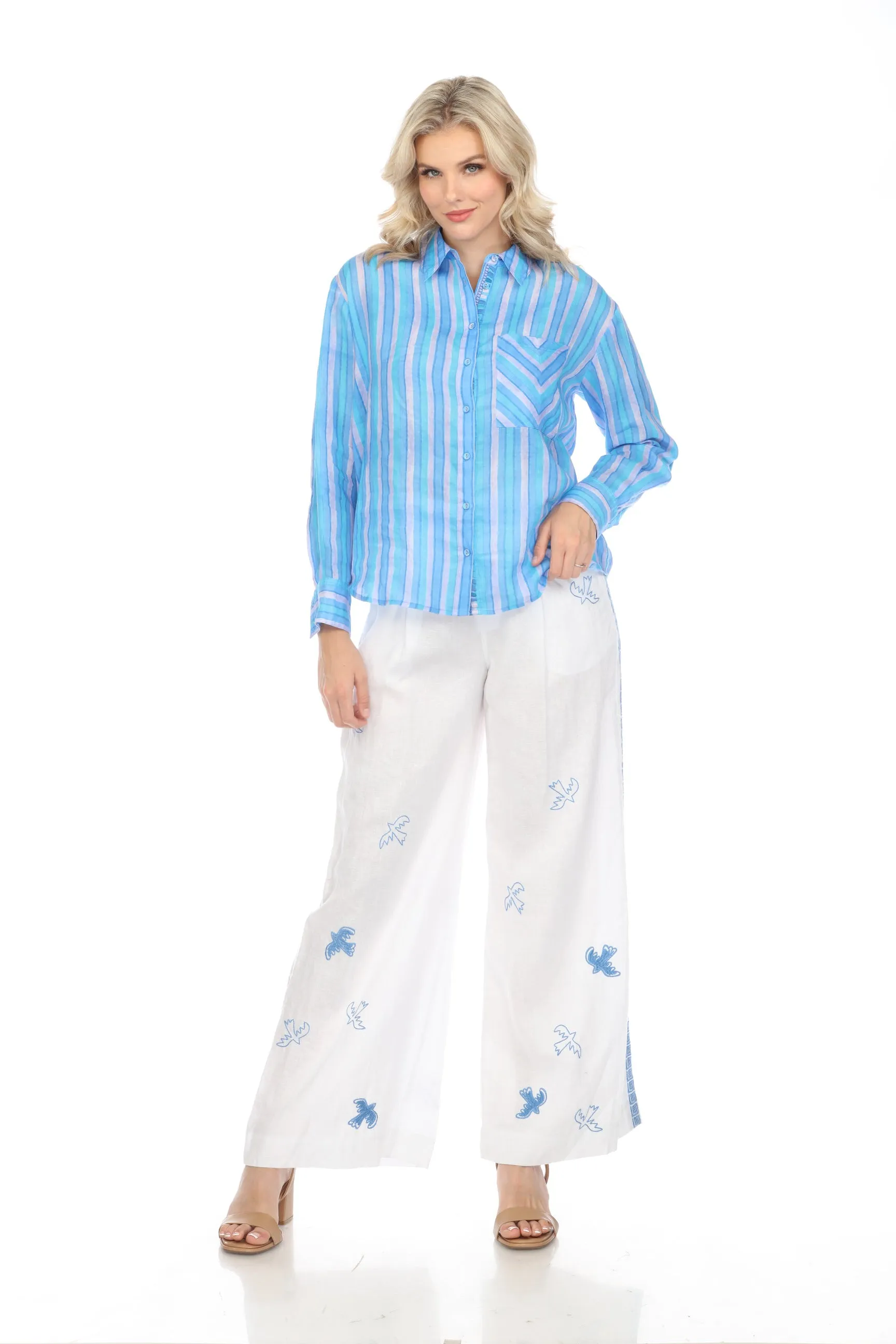Johnny Was JWLA Linen Embroidered Palazzo Pants Boho Chic J69324