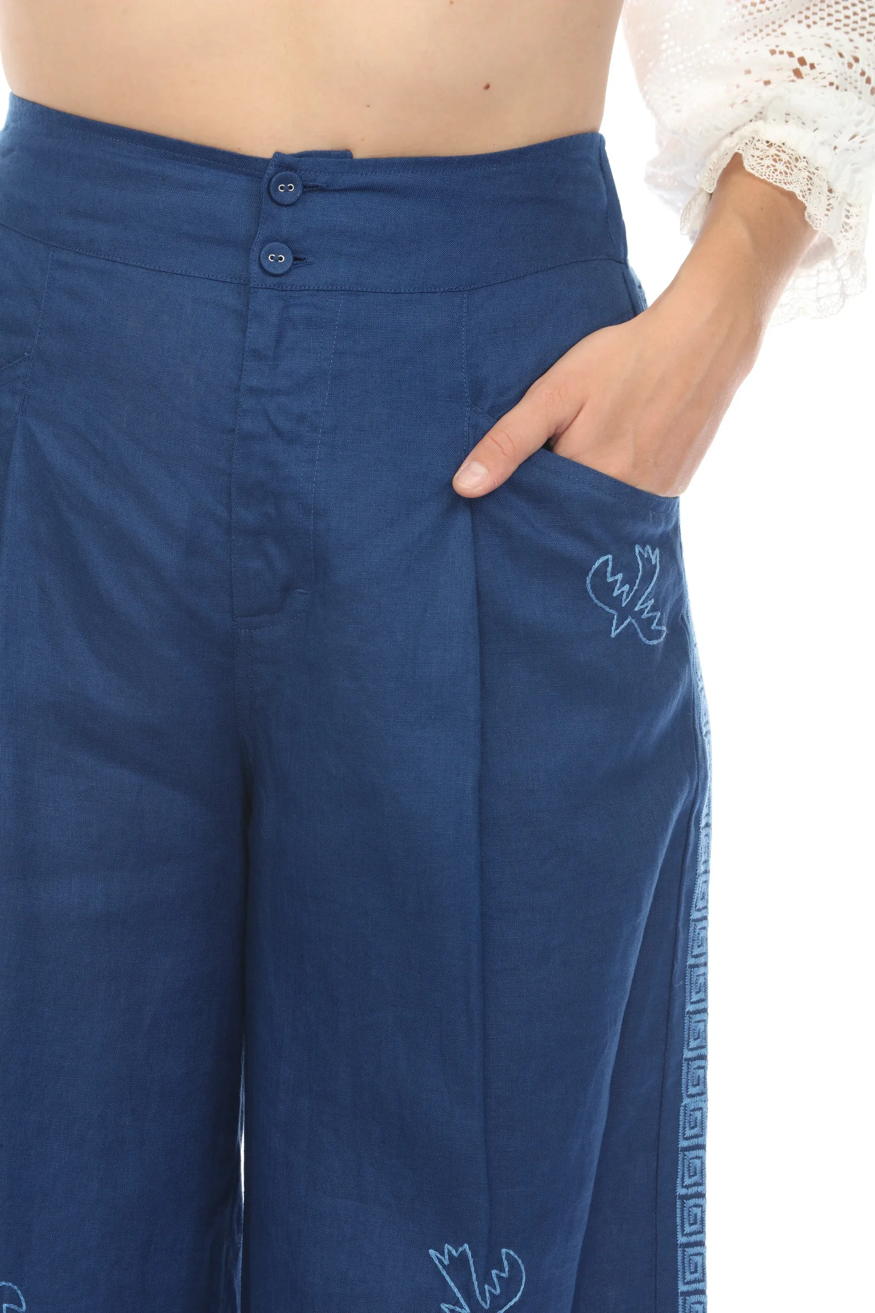 Johnny Was JWLA Linen Embroidered Palazzo Pants Boho Chic J69324
