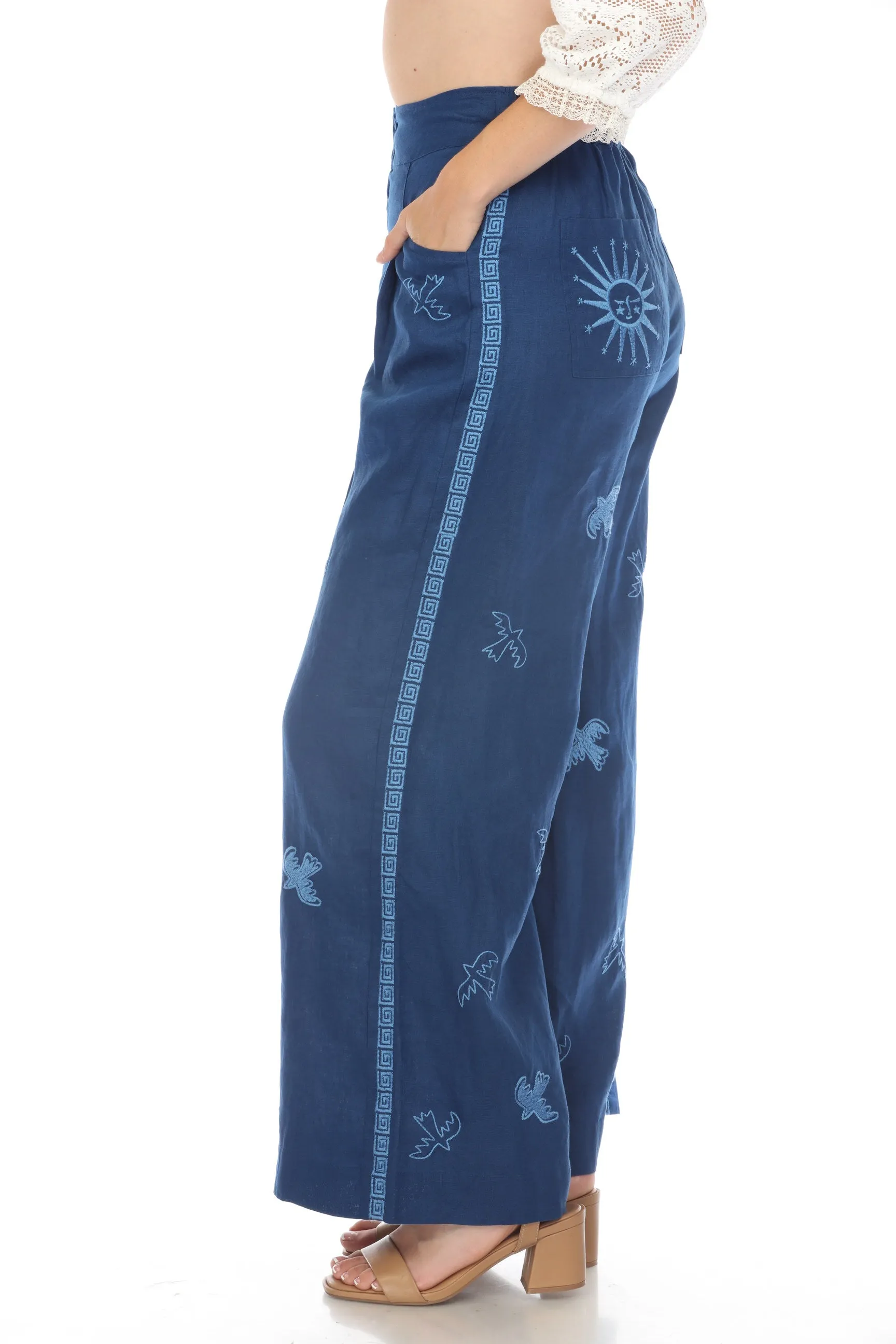 Johnny Was JWLA Linen Embroidered Palazzo Pants Boho Chic J69324