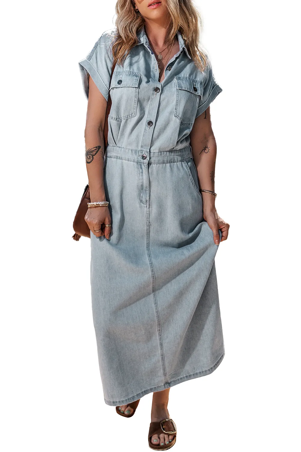 KaleaBoutique Short Batwing Sleeve Slit Back Denim Dress