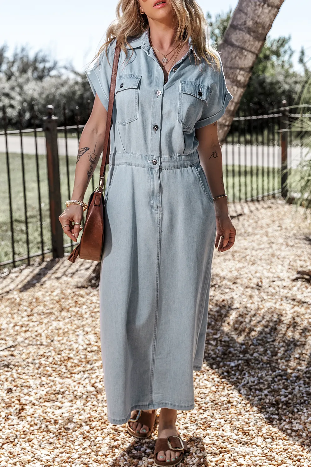 KaleaBoutique Short Batwing Sleeve Slit Back Denim Dress