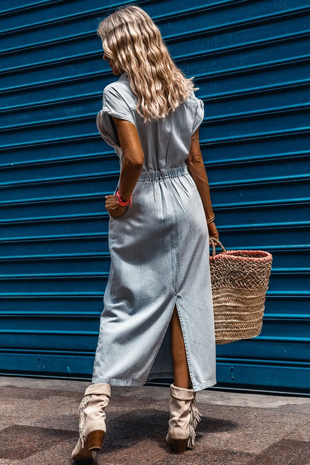 KaleaBoutique Short Batwing Sleeve Slit Back Denim Dress