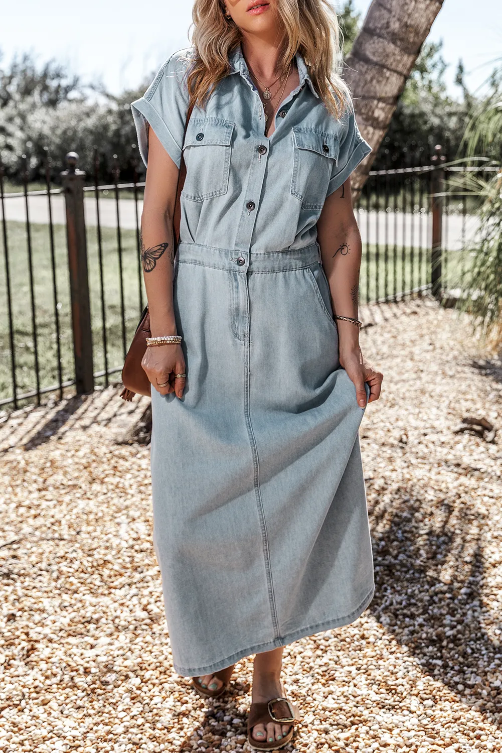 KaleaBoutique Short Batwing Sleeve Slit Back Denim Dress