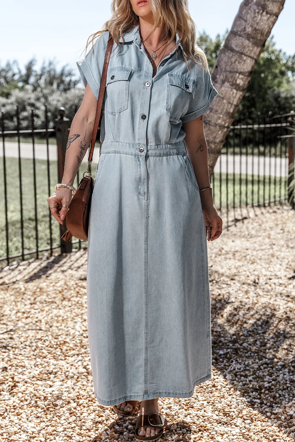 KaleaBoutique Short Batwing Sleeve Slit Back Denim Dress