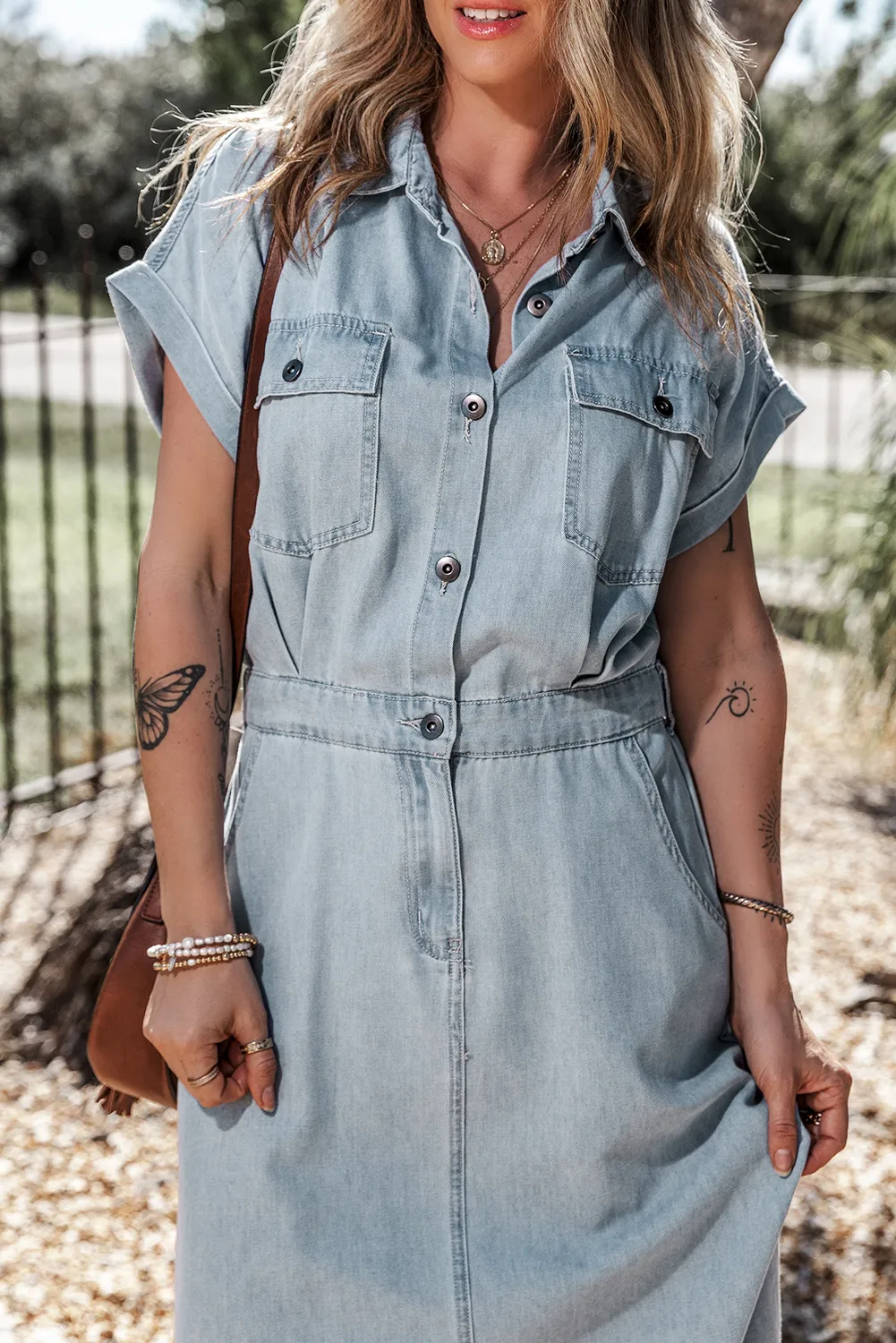 KaleaBoutique Short Batwing Sleeve Slit Back Denim Dress
