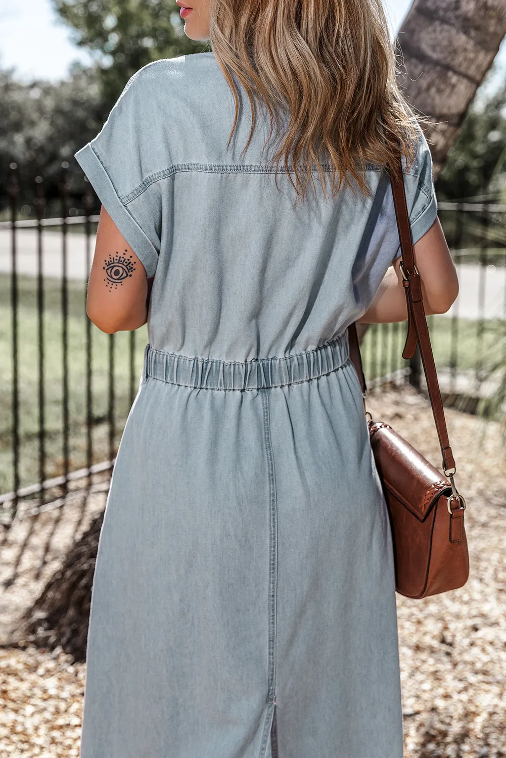 KaleaBoutique Short Batwing Sleeve Slit Back Denim Dress