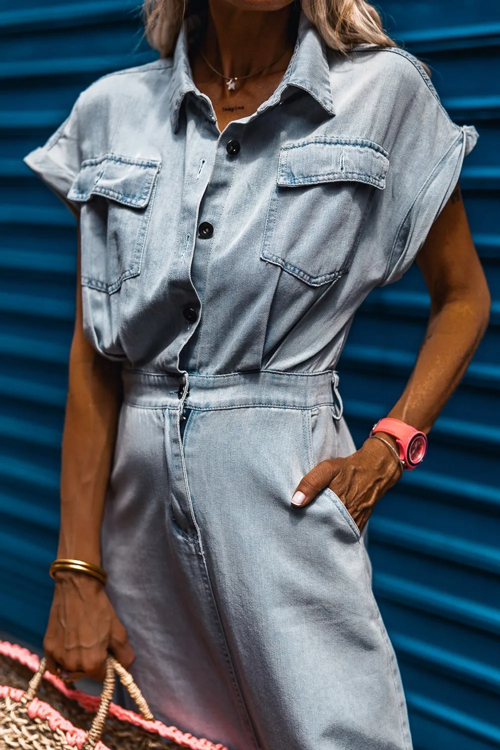KaleaBoutique Short Batwing Sleeve Slit Back Denim Dress