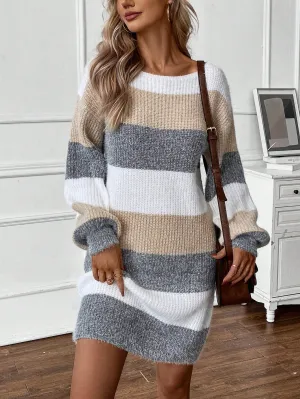 KALI Striped Pattern Drop Shoulder Sweater Dress