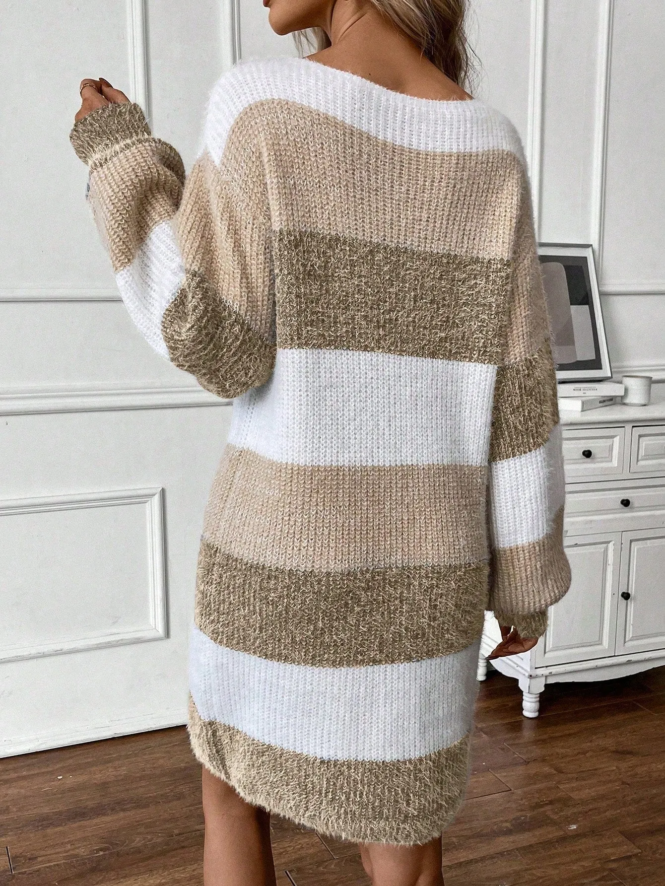KALI Striped Pattern Drop Shoulder Sweater Dress