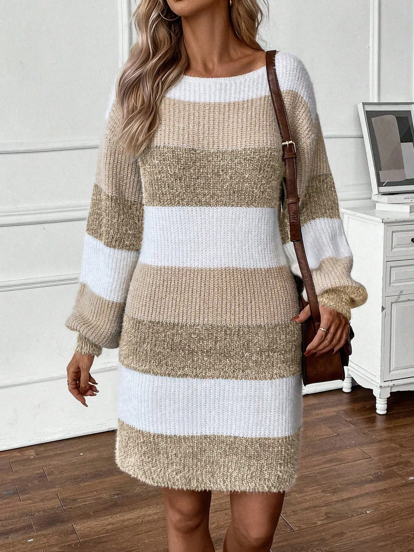 KALI Striped Pattern Drop Shoulder Sweater Dress