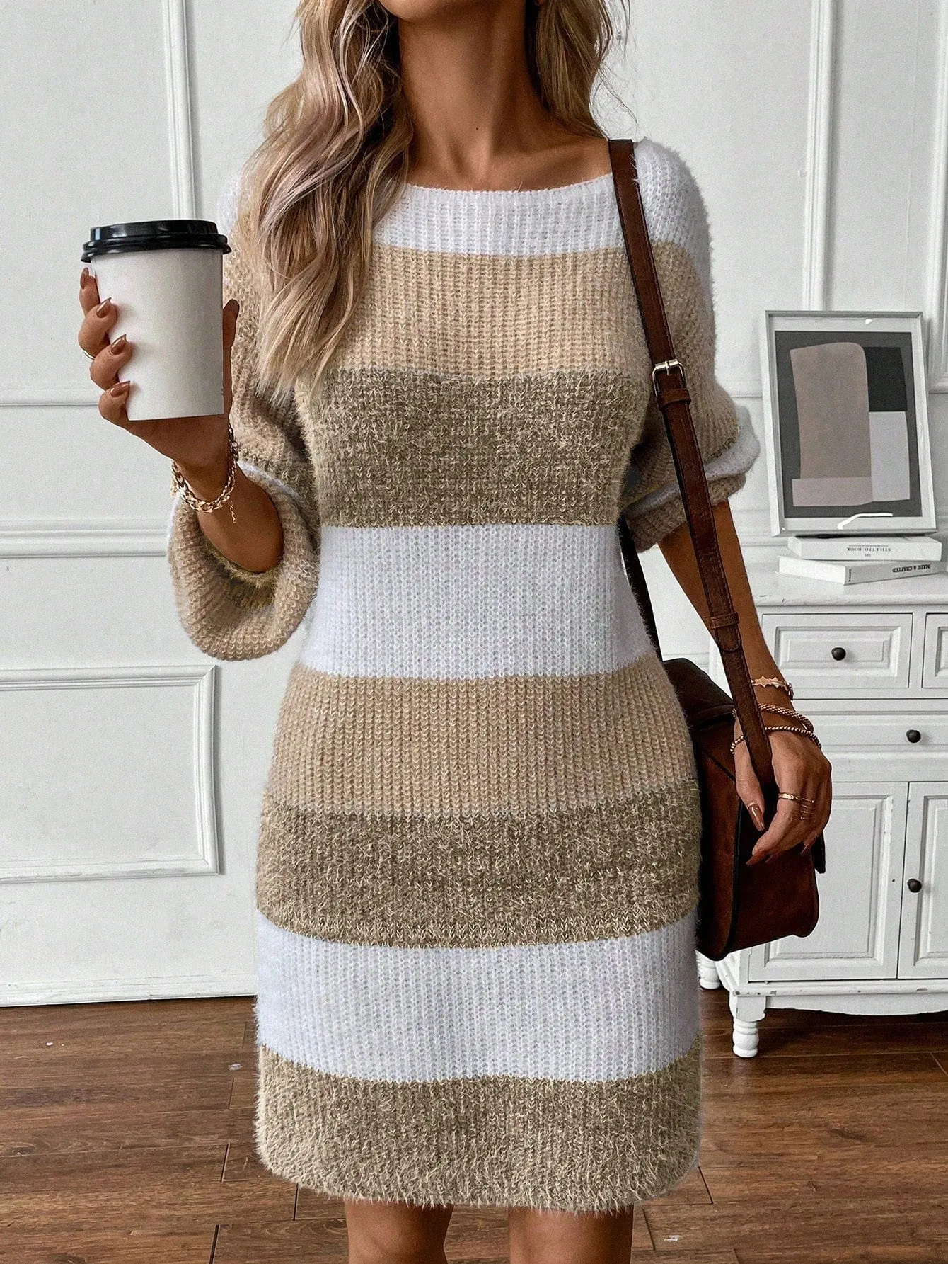 KALI Striped Pattern Drop Shoulder Sweater Dress