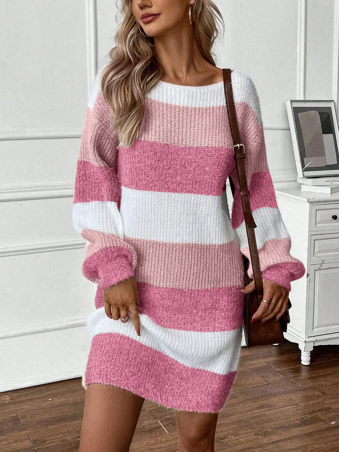 KALI Striped Pattern Drop Shoulder Sweater Dress