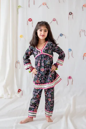 Klingaru Girl Kurti Set - Black Floral ( 6 mo - 2 Years ) ( Last Pieces)