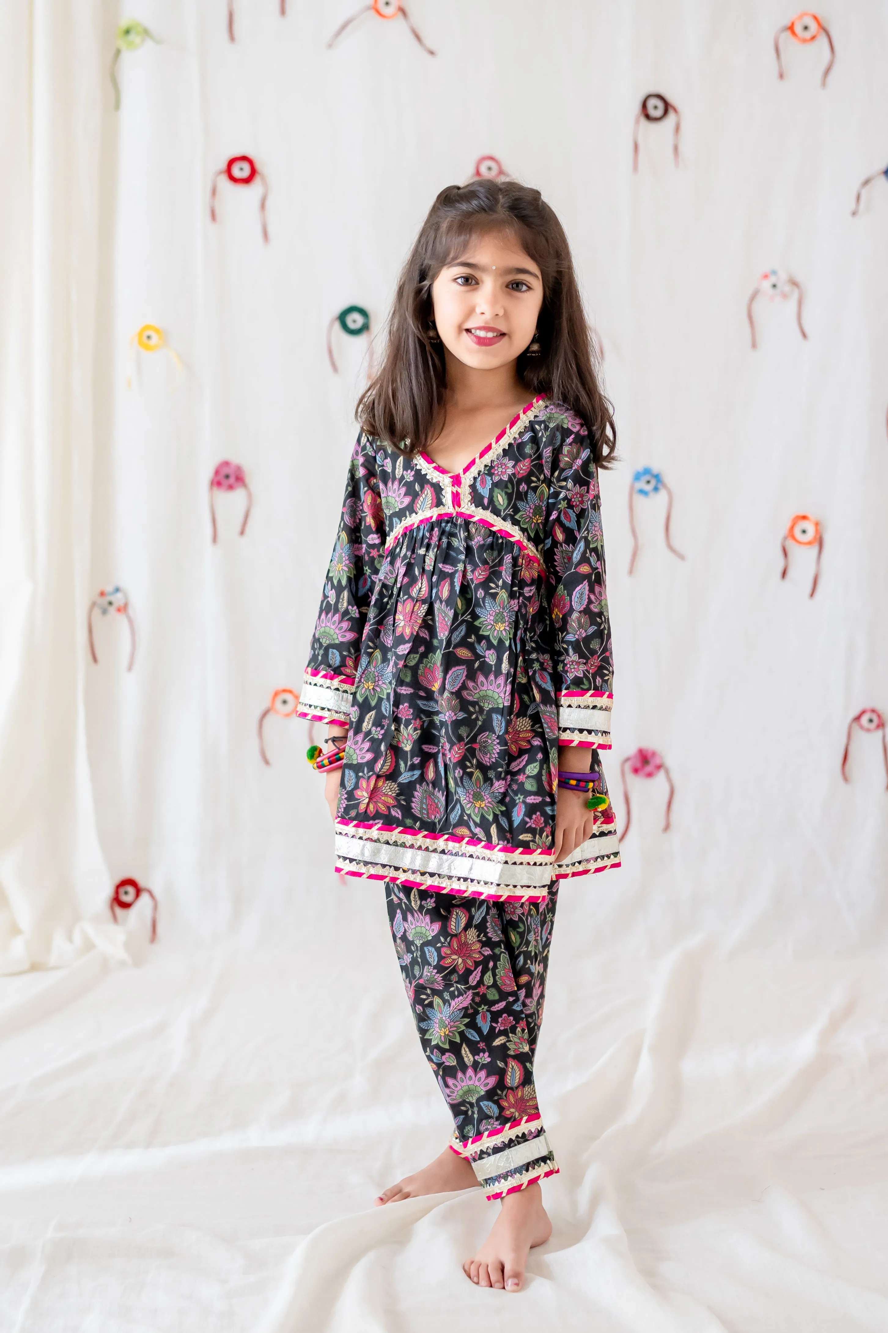 Klingaru Girl Kurti Set - Black Floral ( 6 mo - 2 Years ) ( Last Pieces)