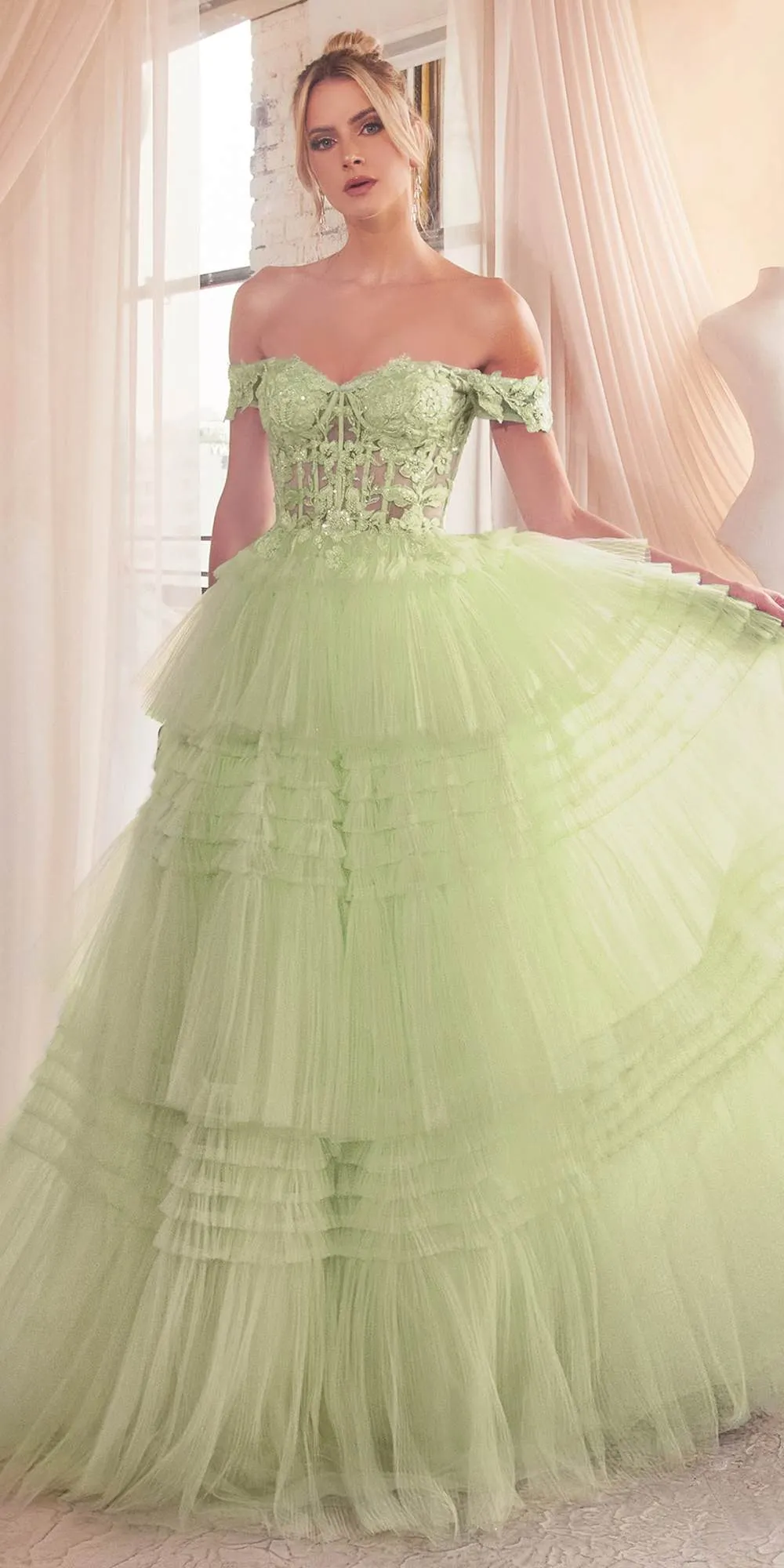 Ladivine 9315 Modern Princess Long Tier Layered Tulle Ball Gown