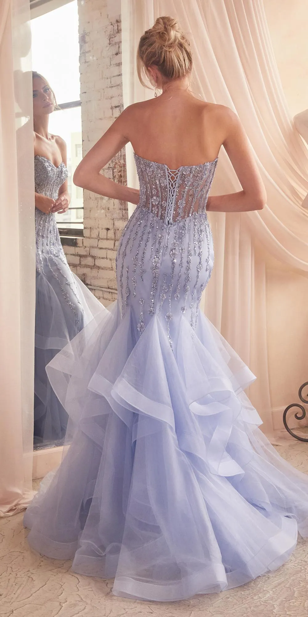 Ladivine CD332 Long Layered Tulle Tiered Mermaid Gown Sheer Boned Bodice