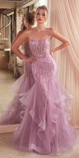 Ladivine CD332 Long Layered Tulle Tiered Mermaid Gown Sheer Boned Bodice