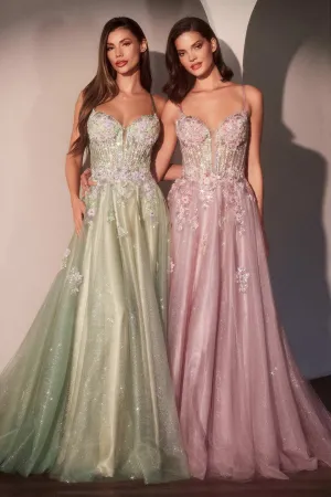 Ladivine CD740 Floral A-Line Layered Glitter Tulle Dress