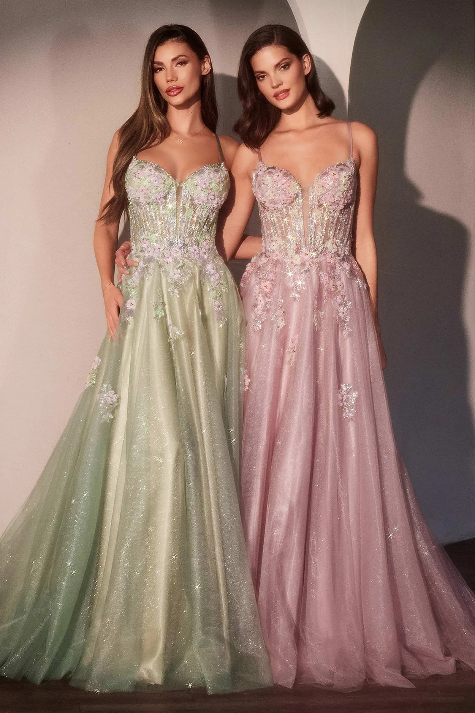 Ladivine CD740 Floral A-Line Layered Glitter Tulle Dress
