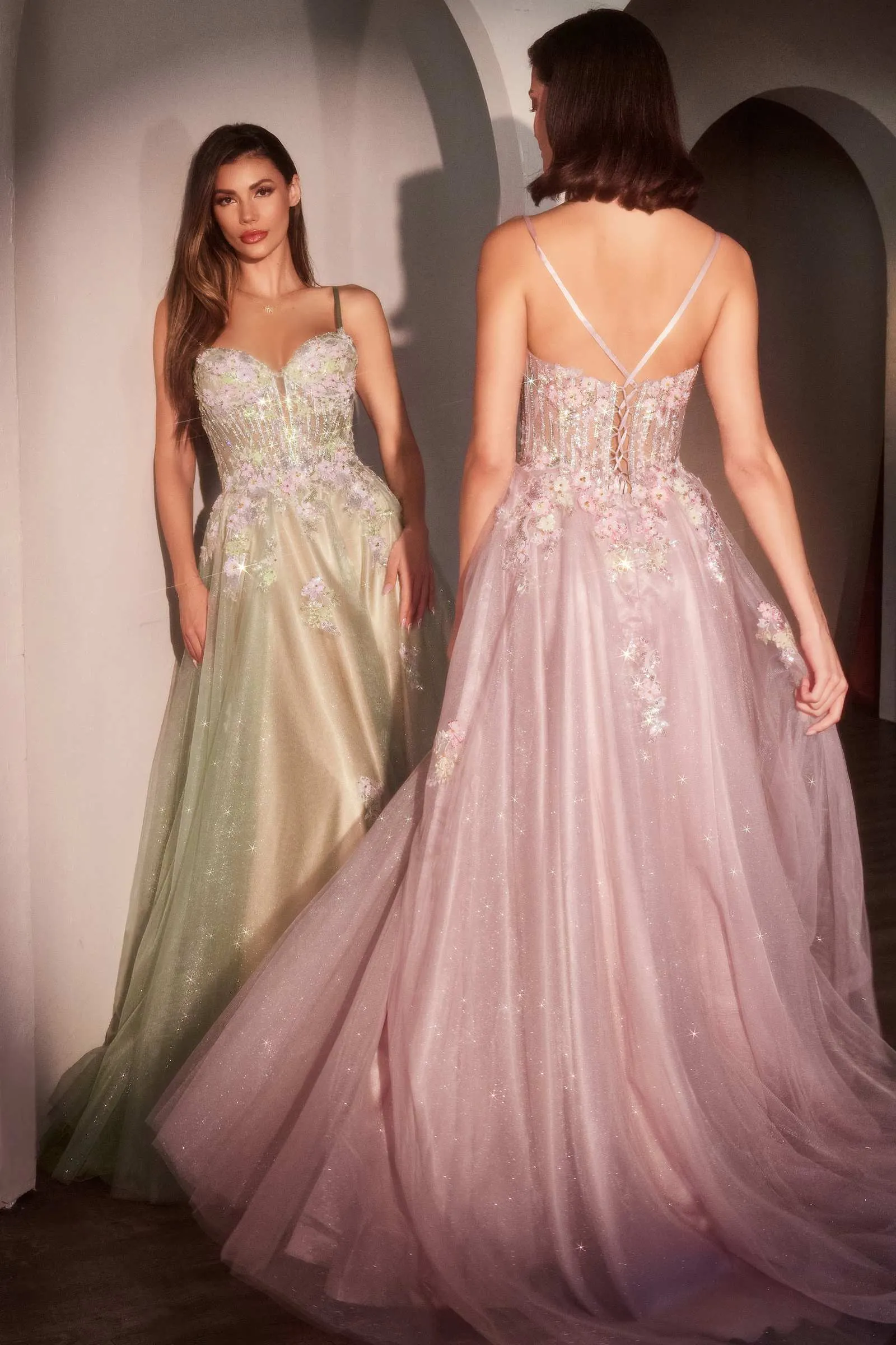 Ladivine CD740 Floral A-Line Layered Glitter Tulle Dress